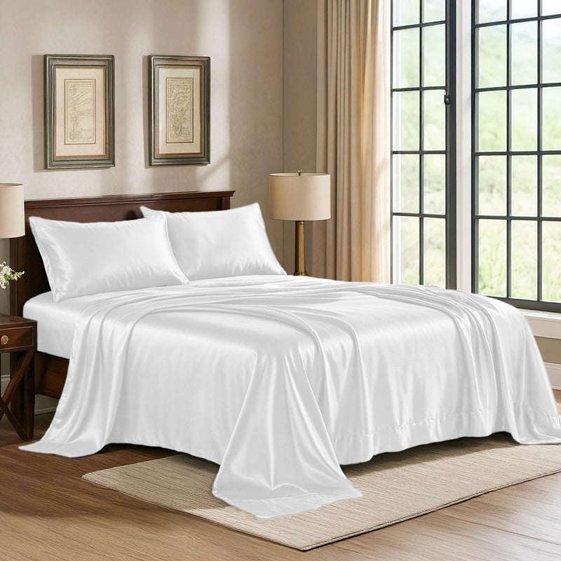 Pure Bedding Satin Sheets Twin [3-Piece, White] Hotel Luxury Silky Bed Sheets - Extra Soft 1800 Microfiber Sheet Set, Wrinkle, Fade, Deep Pocket Fitted Sheet, Flat Sheet, Pillow Cases - Image 1